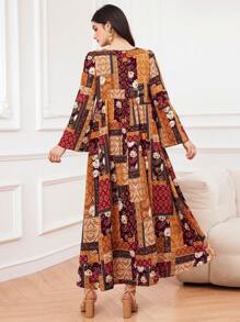 Al Najma 女式拼接印花泡泡袖阿拉伯風格連衣裙