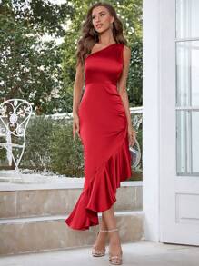 BTFBM Women's One Shoulder Asymmetrical Ruffle Hem Satin Bodycon Dress - Burgundy - View 1