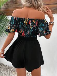 SHEIN LUNE 女士花卉與植物印花拼接露肩連身褲 - 黑色 - 查看 2