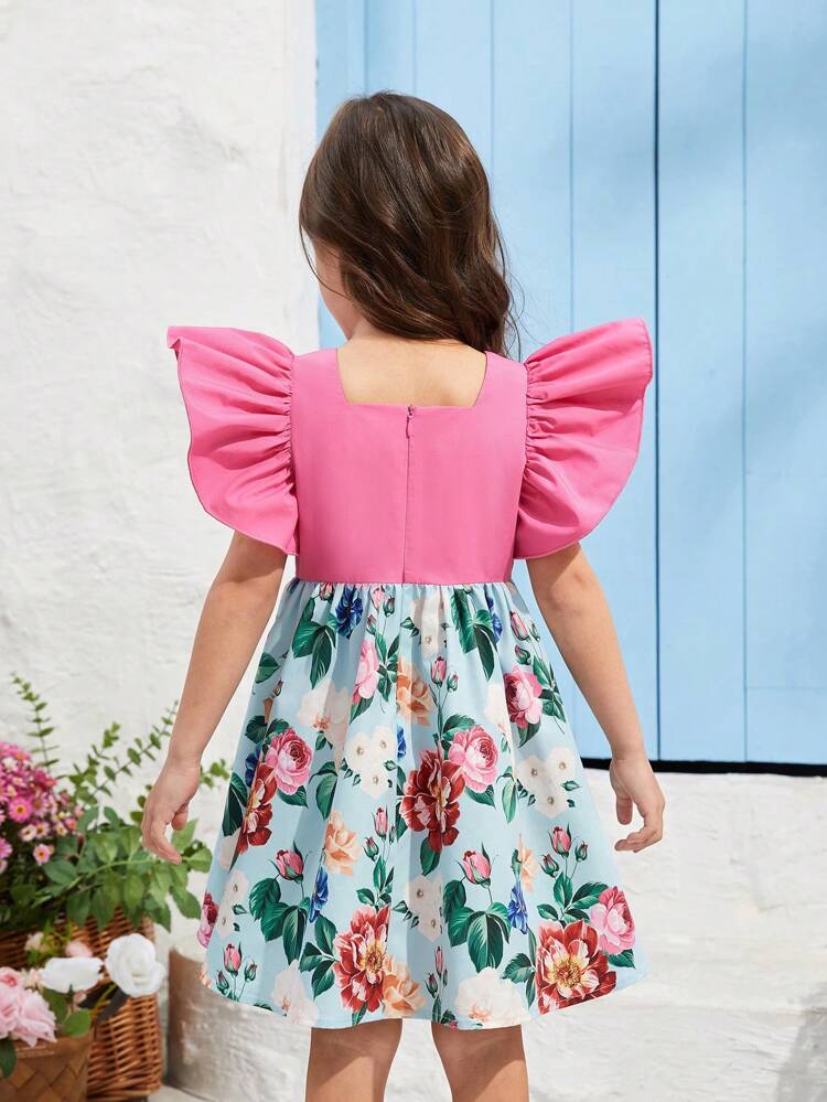 Young Girl's Square Neckline, Ruffled Sleeves, Color Blocking Floral Printed A-Line Dress