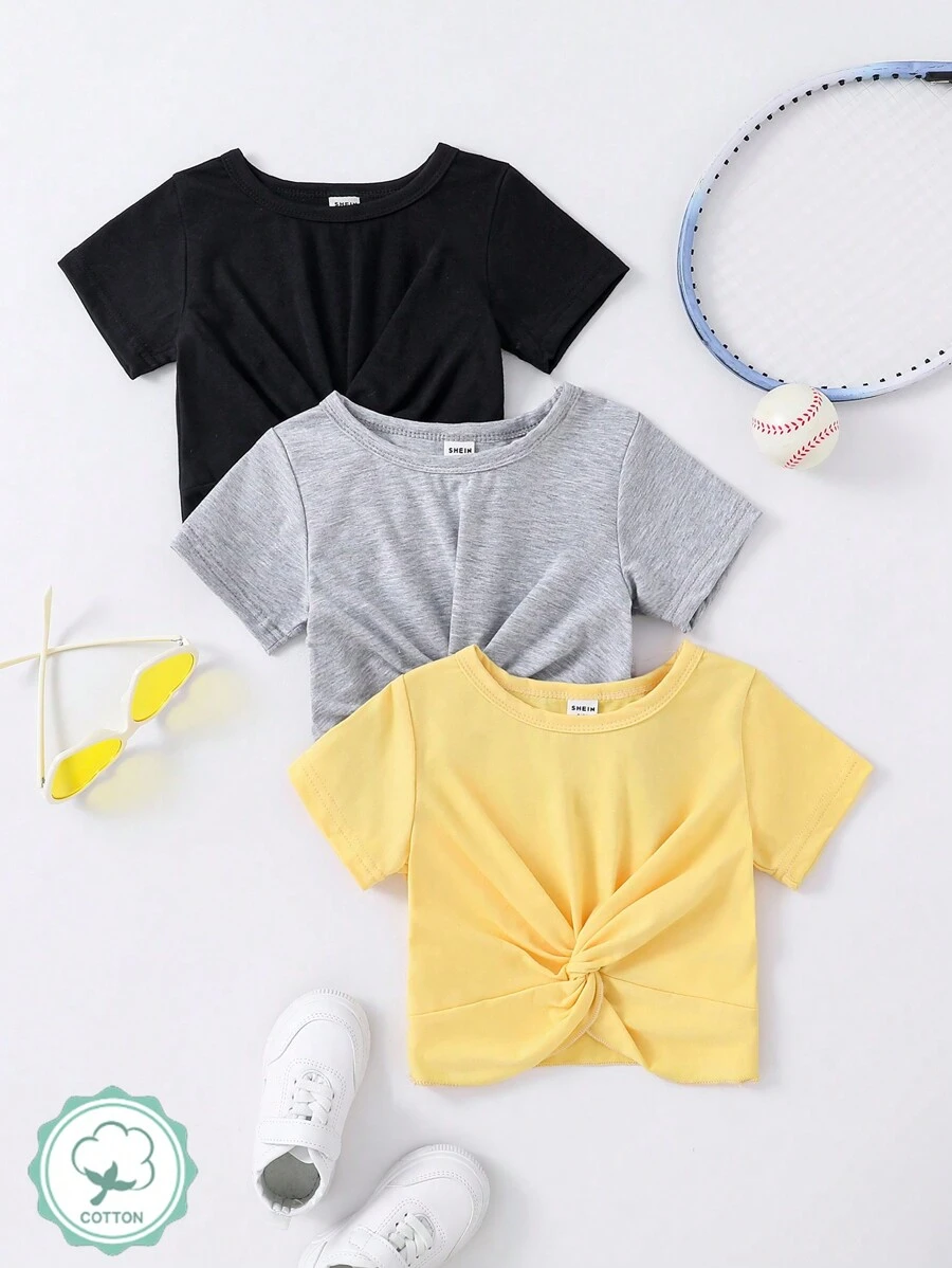 Baby Girl 3pcs/Set Cool Knot Design Tops, Casual And Versatile - Multicolor - View 1