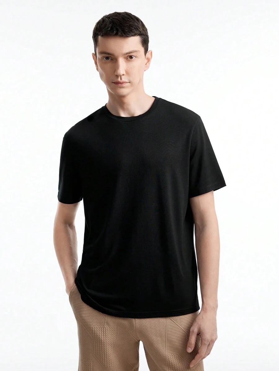 Manfinity VCAY Màu thuần Nam Ngắn tay Dệt kim Áo thun Với Vòng cổ - Nhiều màu - Xem 1