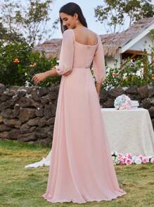 EVERPRETTY Vestido de dama de honor formal de gasa rosa con escote corazón, hombros descubiertos y abertura en el muslo, elegante para primavera