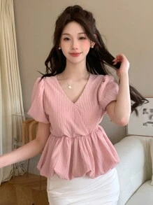 DAZY 女式纯色泡泡袖和泡泡下摆衬衫，荷叶边 - 粉色 - 查看 7