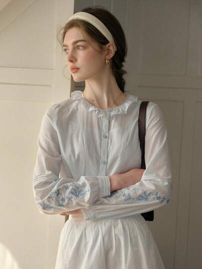 Simple Retro Women's Casual Shirt With Embroidery And Ruffle Hem