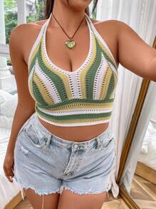 Flirla Plus Size Women's Hollow Out Halter Knitted Top