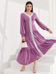 Mulvari Vestido De Las Mujeres Con Encaje En El Dobladillo Y Volantes