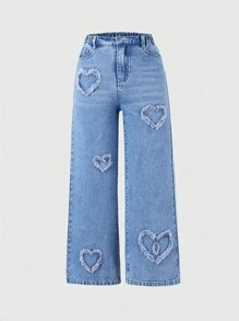 Tween Girl Sweet & Heart Applique Embroidery Loose Fit Comfortable Wide Leg Jeans, School, Campus, College Summer Holiday