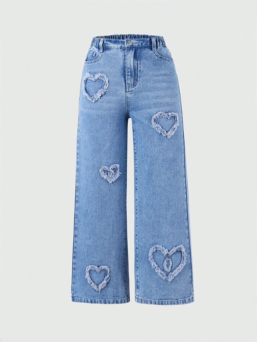 Tween Girl Sweet & Heart Applique Embroidery Loose Fit Comfortable Wide Leg Jeans, School, Campus, College Summer Holiday