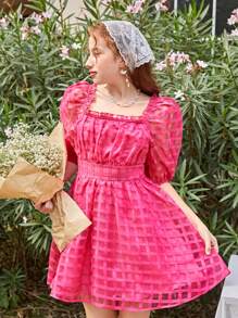十多歲女孩的休閒格紋網格方領泡泡袖連衣裙 - 玫紅色 - 查看 4