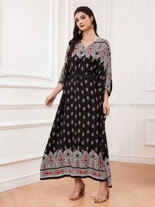 Al Najma Women's V-Neck Batwing Sleeve Kaftan - Multicolor - View 3