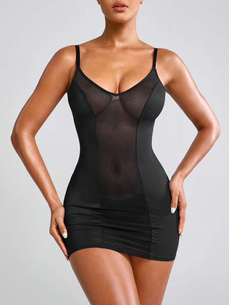 Women's Mesh Panel Tummy Control Bodycon Dress With Spaghetti Straps