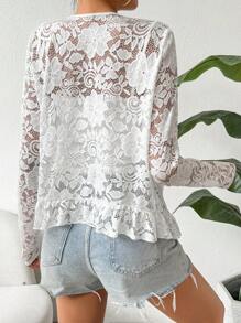 SHEIN LUNE Lace Jacket With Ruffle Hem And Open Front Design - White - View 2