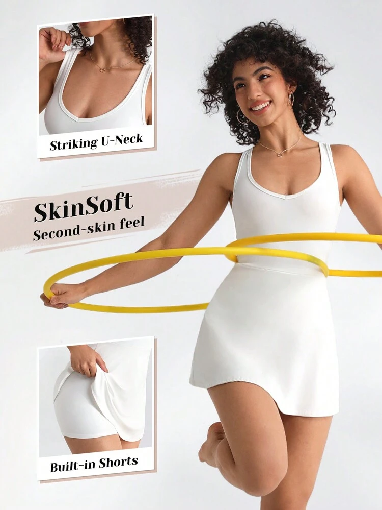 Ladies' Solid Color Athletic One-Piece Dress With Round Neckline Sport Dress