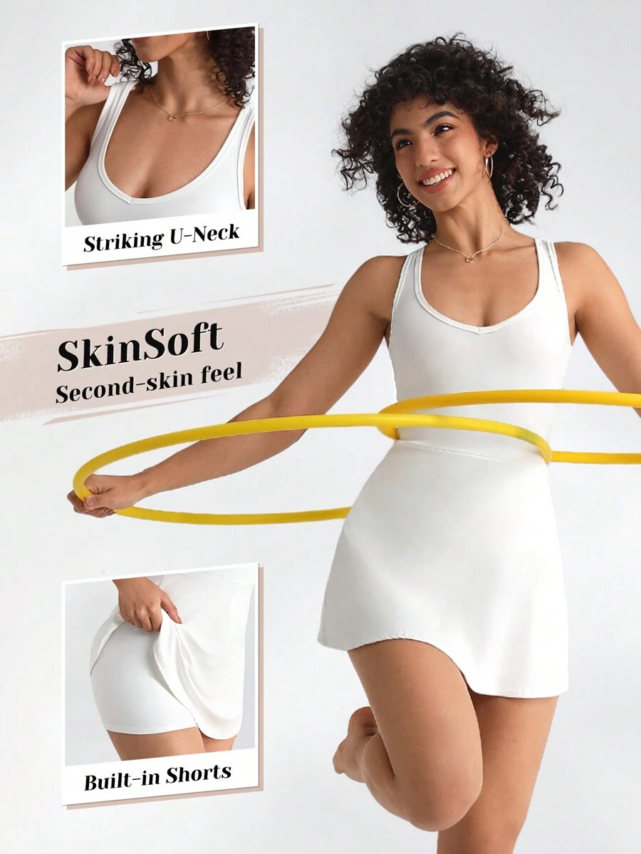 Lifespree Ladies' Solid Color Athletic One-Piece Dress With Round Neckline Sport Dress - White - View 1