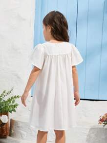 SHEIN Young Girl's Round Neck Embroidered Ruffle Sleeve Dress - White - View 2