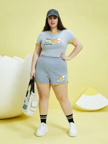 Gudetama X SHEIN 加大號漫畫圖案撞色綁帶短袖t恤和短褲 - 灰色 - 查看 5