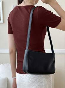 DAZY Ribbed Knit Short Sleeve T-Shirt Cute Tops - Burgundy - View 2