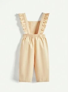 Baby Girl Ruffled Square Neck Patched Suspenders Jumpsuit - Apricot - View 3