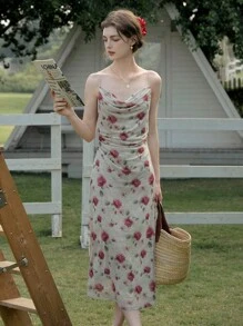 Simple Retro Women's Floral Print Plunging Neck Mesh Slip Dress - Apricot - View 1