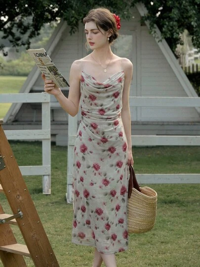 Simple Retro Vestido de tirantes con cuello en pico y estampado floral de malla para mujer