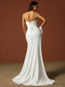 Women Simple Spaghetti Strap Slimming French Style Light Wedding Dress - White - View 3