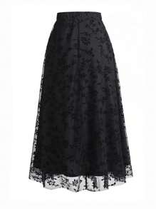 EARO 大码优雅复古浪漫休闲简约日常植绒网眼 A 字裙，女春秋新款高腰宽松包臀显瘦百搭碎花雪纺褶皱长款 A 字裙