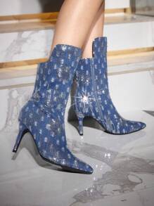 Women'S Fashionable High Heel Cowboy Cloth Glitter Stiletto Boots - Blue - View 1