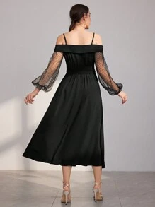 Modelyn Women's Hollow Out Shoulder & Mesh & Lantern Sleeve Dress