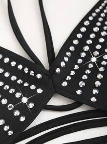EgrlEra Women's Rhinestone Decorated, Hollow Out, Backless, Halter Neck Top With Tie Back - Black - View 5