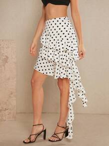 SHEIN Unity Polka Dot Draped Ruffle Tiered Skirt - Black and White - View 3