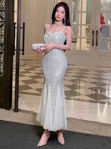 DAZY 返校季女士中长连衣裙，拼接细肩带搭配闪亮鱼尾裙摆，适合生日、新年、夏季派对、返校节、舞会等场合，亮片点缀，优雅迷人，闪耀夺目。 - 銀色 - 查看 9
