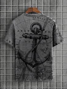 Men's Casual Anchor Print Short Sleeve Crew Neck T-Shirt, Summer - Black - View 2