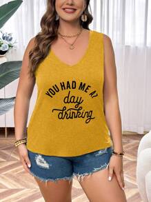 SHEIN LUNE Plus Size Slogan Printed V-Neck Tank Top