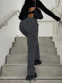 休闲百搭纯色牛仔工装裤 - 深灰色 - 查看 4