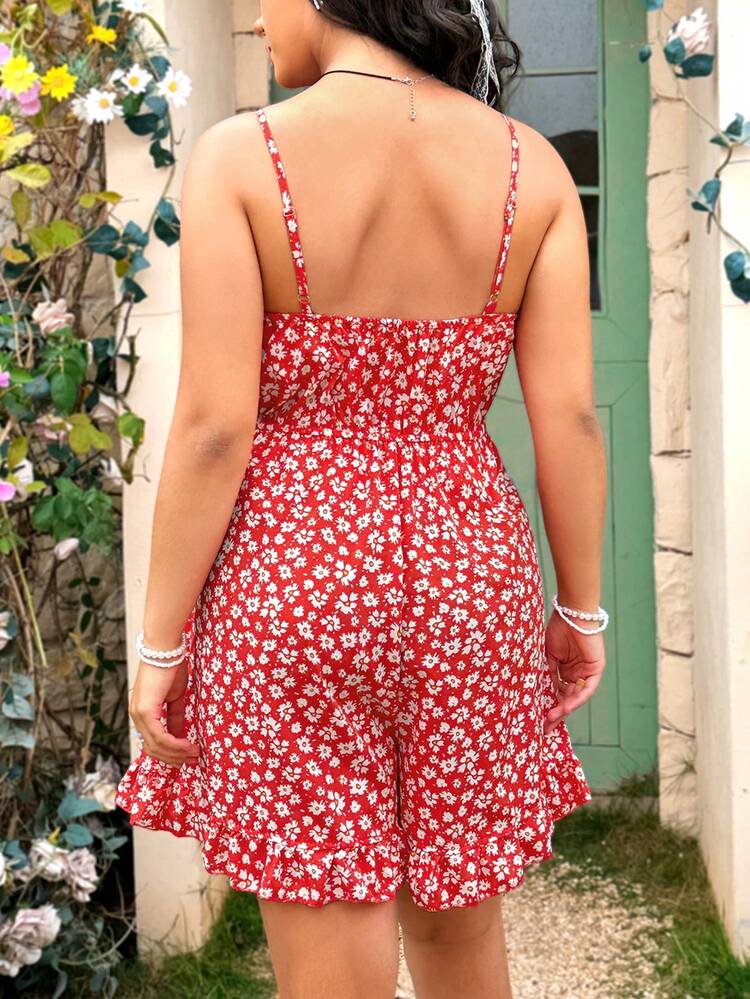 Plus Size Floral Print Cami Romper With Ruffle Trimmed Straps