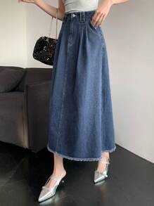 DAZY 高腰牛仔裙，饰有流苏，适合返校季穿着，秋冬款。 - 中等水洗藍 - 查看 7