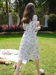 Phong cách Pháp Thực vật In Tay áo đèn lồng Đầm Với Người yêu Đường viền cổ áo Và Eo đàn hồi - Đen và trắng - Xem 3