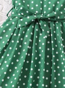 SHEIN Young Girl Green Polka Dot Sleeveless V-Neck Dress With Belt, Casual Vacation Style Fashionable And Versatile Spring/Summer New Arrival - Green - View 4
