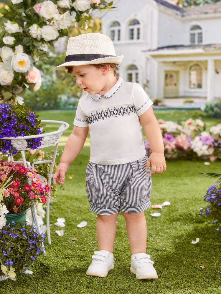 Baby Boy Spring/Summer Peter Pan Collar Short Sleeve Top With Striped Shorts Outfits