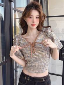 DAZY 女性格紋短袖襯衫 - 彩色 - 查看 6