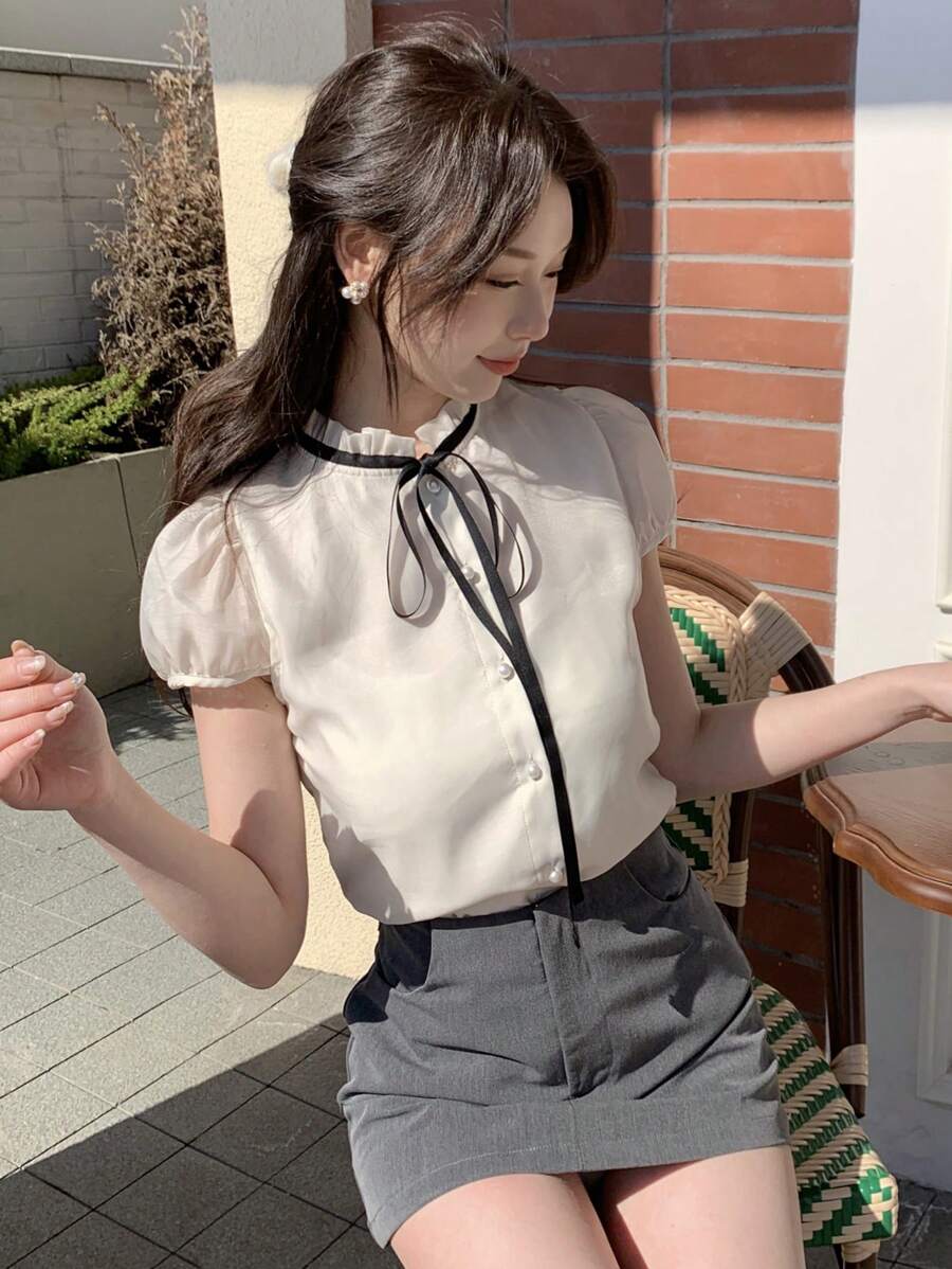 DAZY 纯色短袖蕾丝边系带泡泡袖女式衬衫夏季 - 白色 - 查看 1