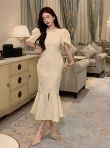 DAZY Vestido de verano de Body ceñido con manga abullonada y bajo de cola de sirena de unicolor para mujer, vestidos formales de mujer para fiesta y vestidos elegantes de mujer - Beis - Ver 3