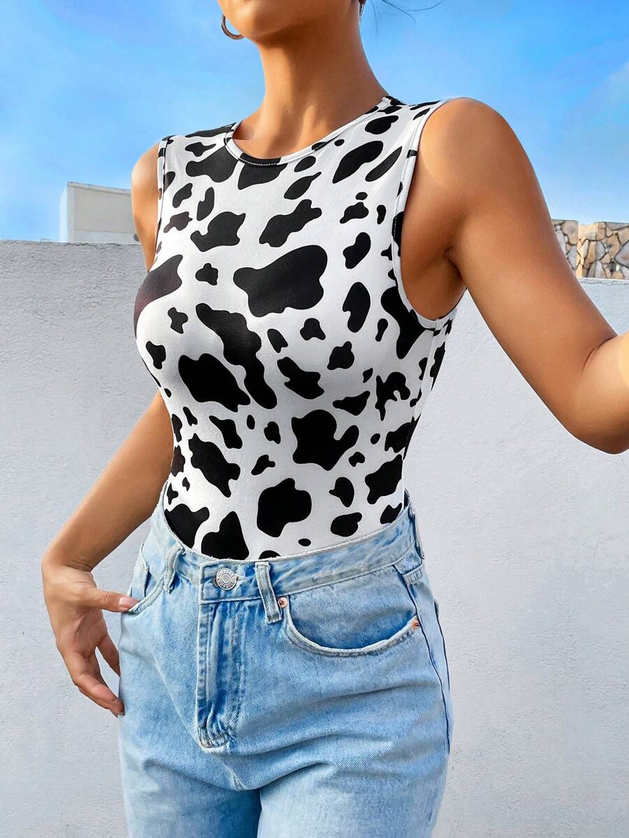 SHEIN EZwear 女性編織奶牛印花無袖連體衣 - 黑與白 - 查看 1