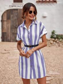 SHEIN Clasi 休閒前紐扣條紋女士連衣裙 - 藍白色 - 查看 4