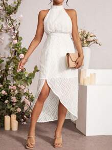 Breezaya Women's Solid Color High Slit Stand Collar Halterneck Dress - Beige - View 4