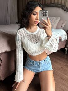 SHEIN EZwear Ladies Round Neck Hollow Out Long Sleeve Cropped Sweater - Beige - View 3