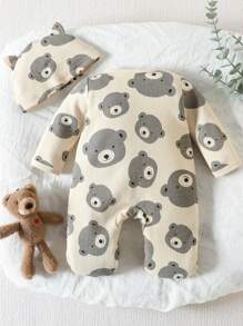 SHEIN 寶寶女孩舒適可愛熊印花睡衣連腳套和帽子套裝