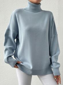 EURMUSE Ladies' Solid Color High Neck Drop Shoulder Sweater - Blue - View 5