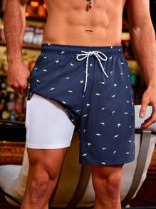 Manfinity Shorts De Playa Con Cintura Con Cordón Y Estampado De Tiburones Para Hombre Con Bolsillos - Multicolor - Ver 4